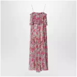 Chloé Long silk muslin dress with rose print, white/pink