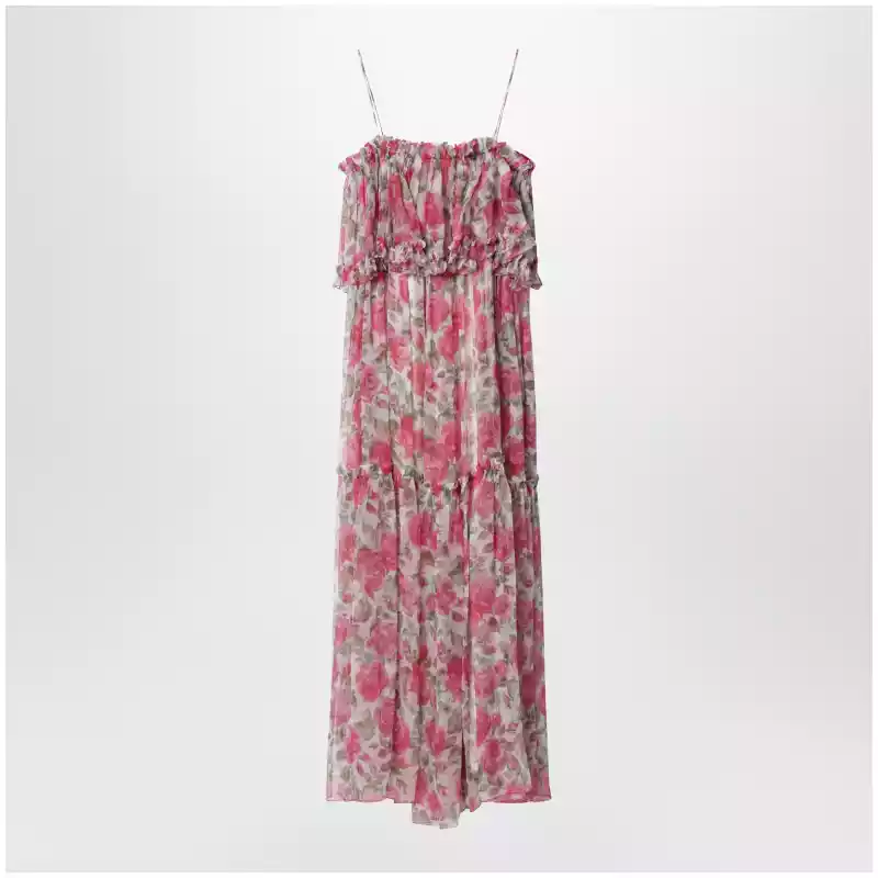 Chloé Long silk muslin dress with rose print, white/pink