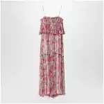 Chloé Long silk muslin dress with rose print, white/pink