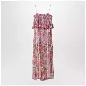 Chloé Long silk muslin dress with rose print, white/pink