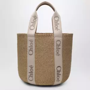 Chloé Large Woody basket bag in paper and calfskin beige