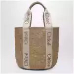 Chloé Large Woody basket bag in paper and calfskin beige