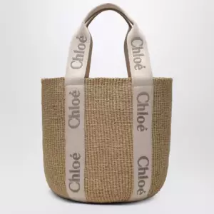 Chloé Large Woody basket bag in paper and calfskin beige