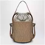 Chloé Small Woody bucket bag in woven paper and leather, beige