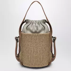 Chloé Small Woody bucket bag in woven paper and leather, beige