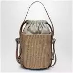 Chloé Small Woody bucket bag in woven paper and leather, beige