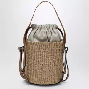 Chloé Small Woody bucket bag in woven paper and leather, beige