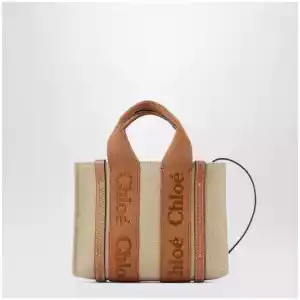 Chloé Small Woody tote bag in linen Dusty Tan