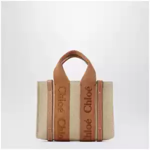Chloé Small Woody tote bag in linen Dusty Tan