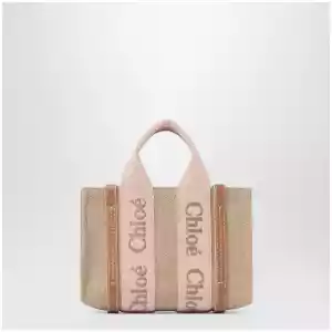 Chloé Small Woody tote bag in linen Blushy beige