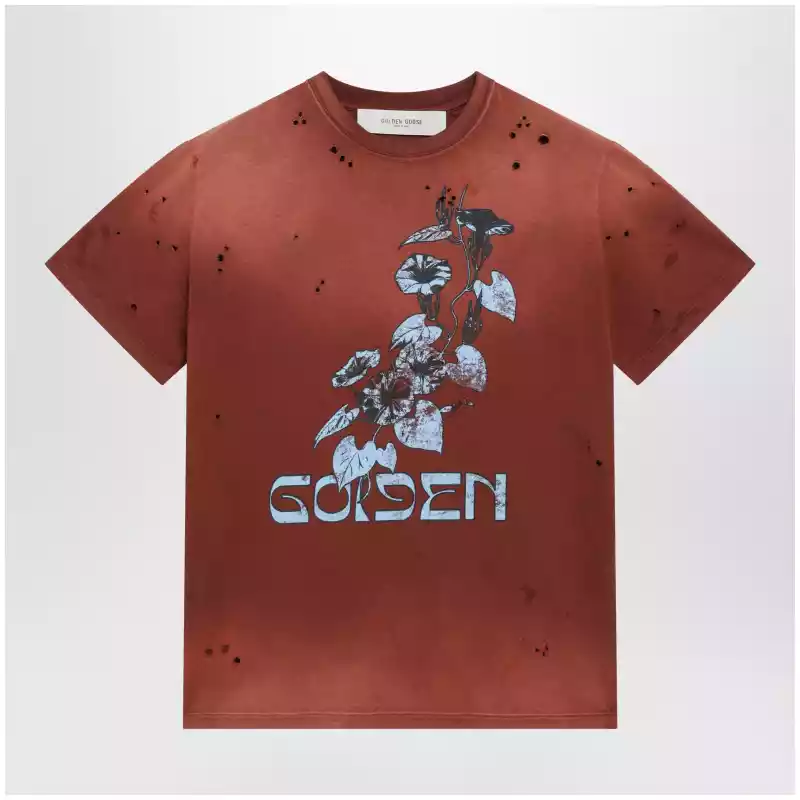 Golden Goose Rust-colored cotton T-shirt with floral print