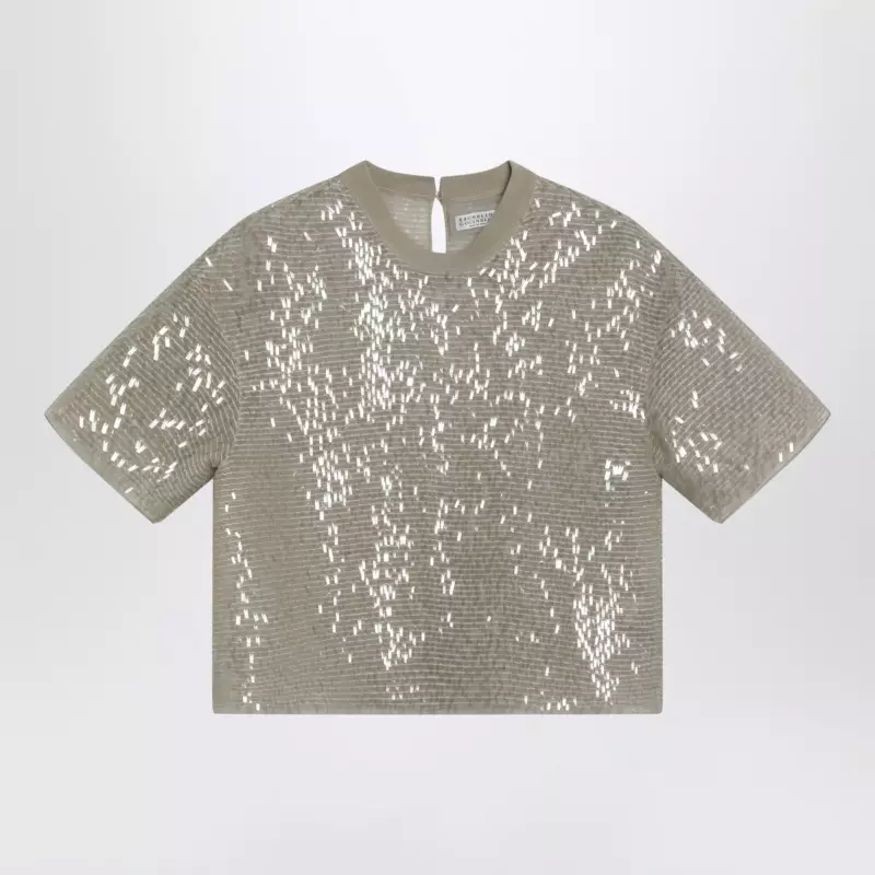 Brunello Cucinelli Dazzling Cascade Embroidery T-shirt in Crispy silk