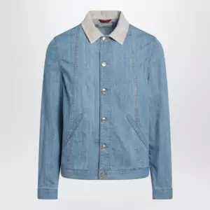 Brunello Cucinelli Blue denim jacket with suede collar