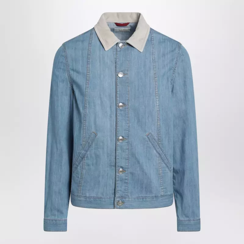 Brunello Cucinelli Blue denim jacket with suede collar