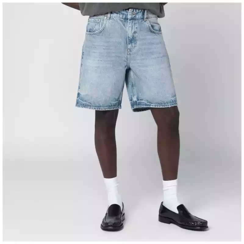 Represent Light blue washed-effect denim Bermuda shorts