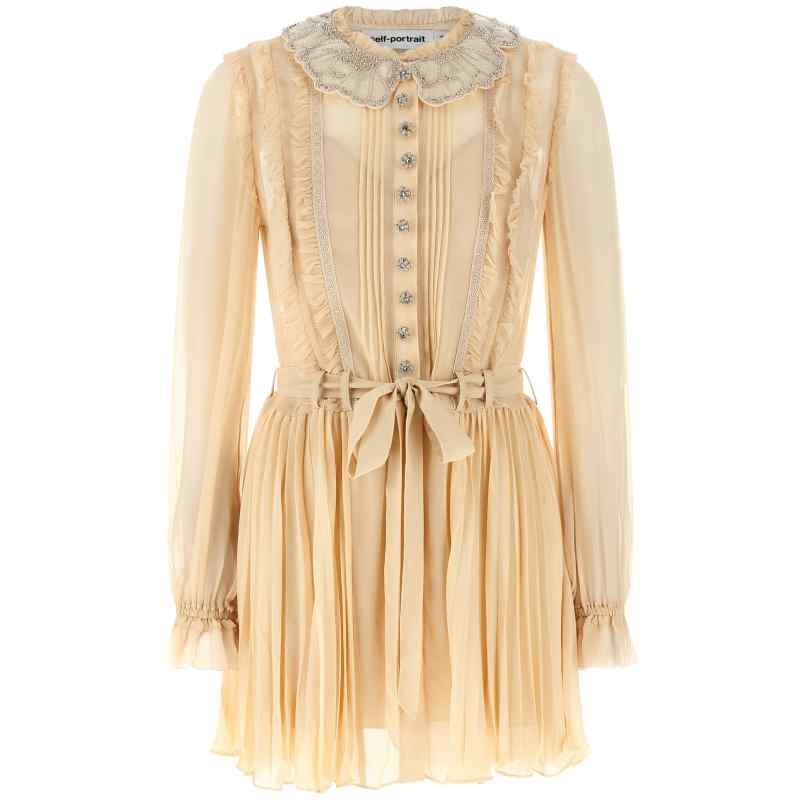 Self-Portrait Tan Pleated Georgette Mini Dress
