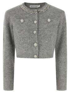 Self-Portrait Grey Fluffy Crystal Trim Cardigan