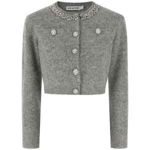 Self-Portrait Grey Fluffy Crystal Trim Cardigan