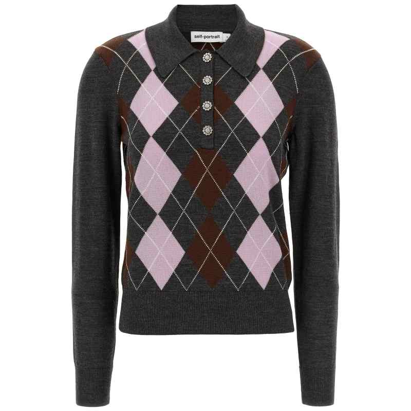 Self-Portrait Grey Argyle Lightweight Sweater