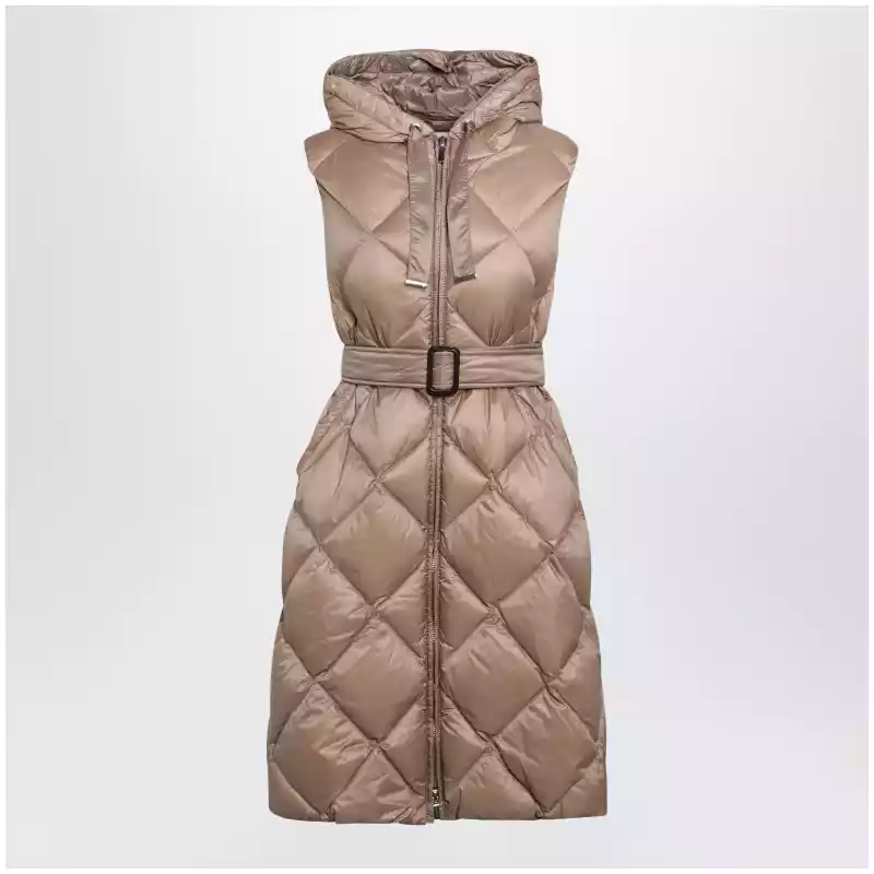 Max Mara The Cube Camel belted sleeveless down jacket