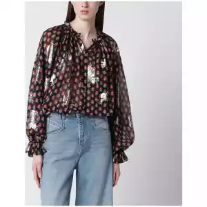 ETRO Black silk shirt with fil coupé roses
