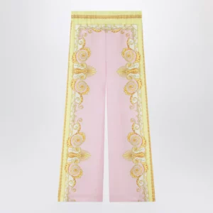Versace Printed silk twill trousers in yellow/pink