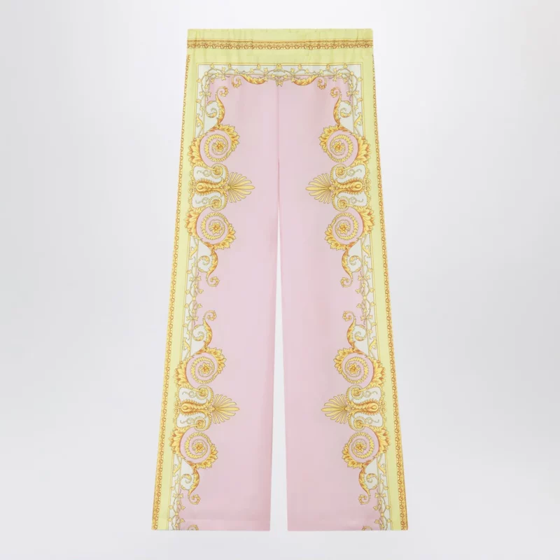 Versace Printed silk twill trousers in yellow/pink