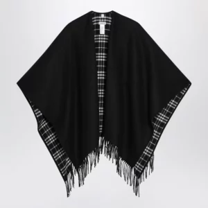 Burberry Reversible wool check cape with fringes in black