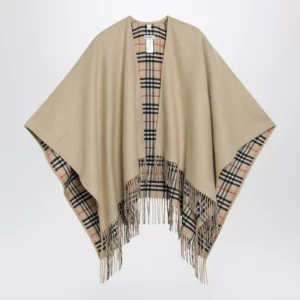 Burberry Reversible wool check cape with fringes in sand beige