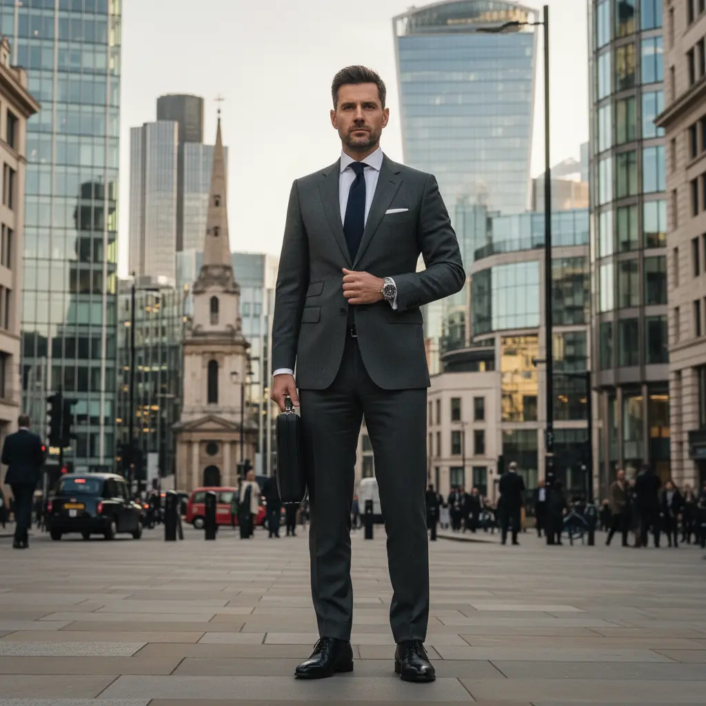 British professional in City of London wearing Tom Ford suit, business district background