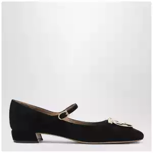 Ferragamo Black Gancini heeled ballerina in suede