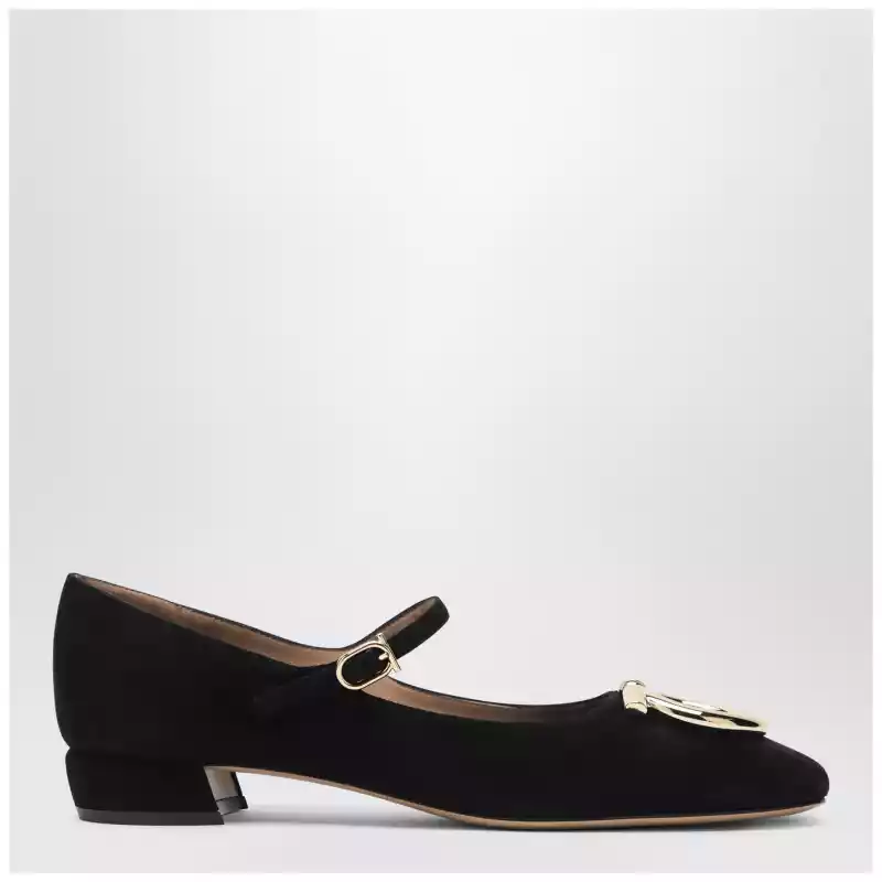 Ferragamo Black Gancini heeled ballerina in suede