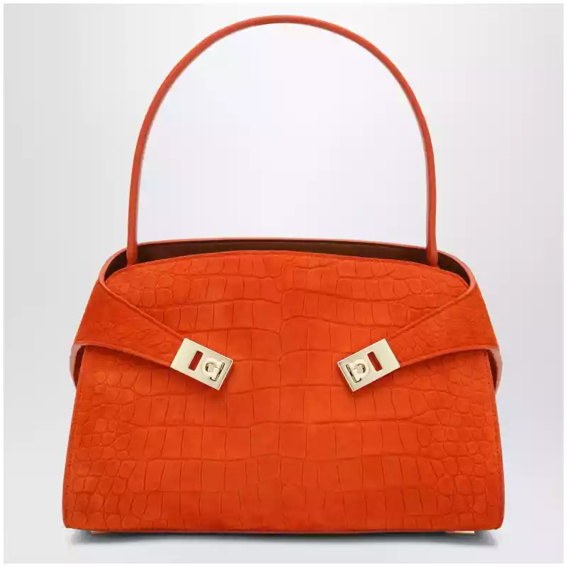 0792870VEL_S_FERRA-034.a Ferragamo Orange Hug Soft M top-handle bag with crocodile effect