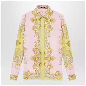 Versace Printed silk twill shirt in yellow/pink