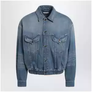 Versace Blue cotton denim jacket with red leather details