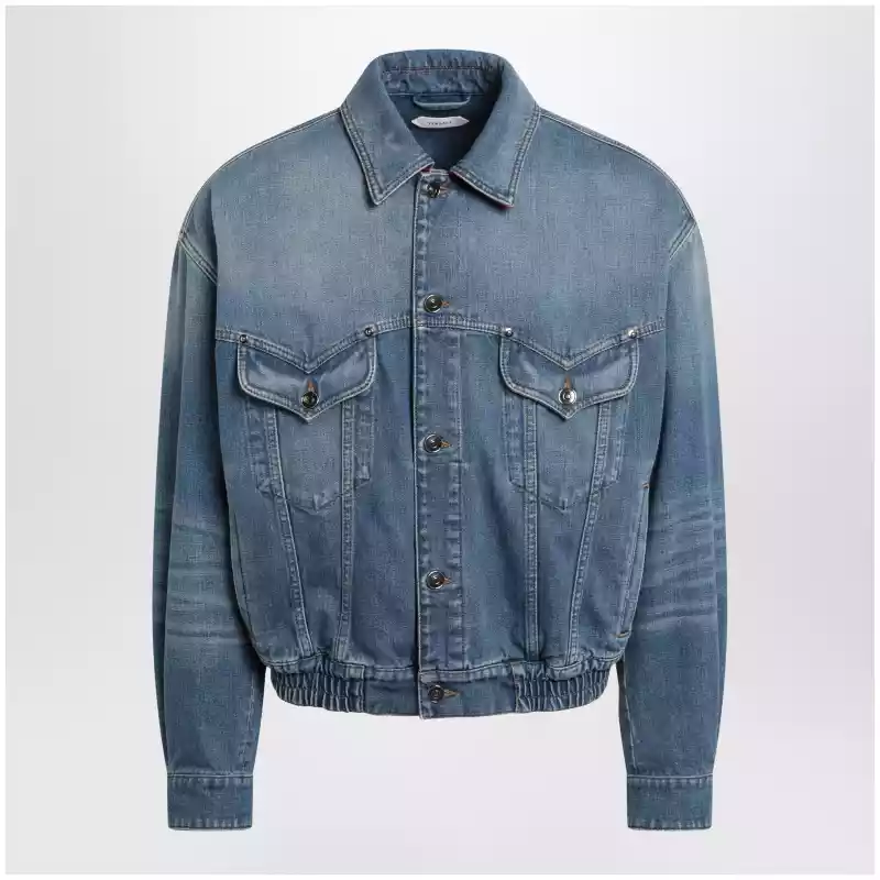 Versace Blue cotton denim jacket with red leather details