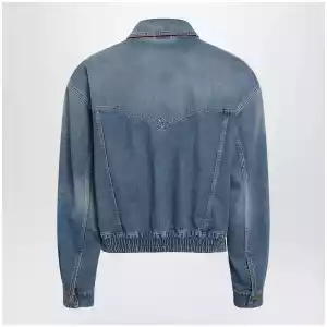 Versace Blue cotton denim jacket with red leather details