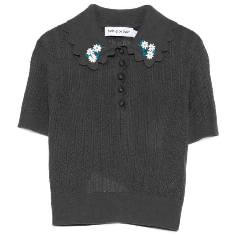 Self-Portrait Wool embroidered polo shirt
