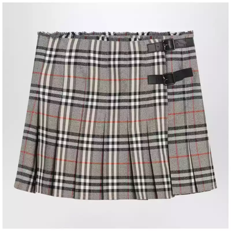 8113042167564_R_BURBE-C3142.x Burberry Grey wool kilt skirt with Check pattern
