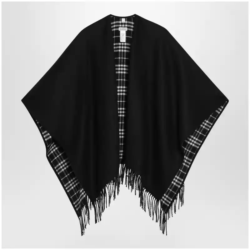 Burberry Reversible wool check cape with fringes in black