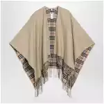 Burberry Reversible wool check cape with fringes in sand beige