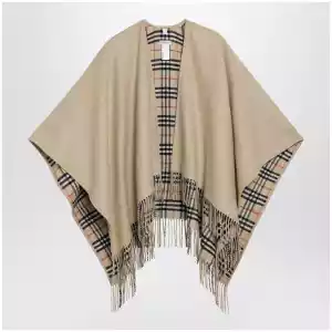 Burberry Reversible wool check cape with fringes in sand beige