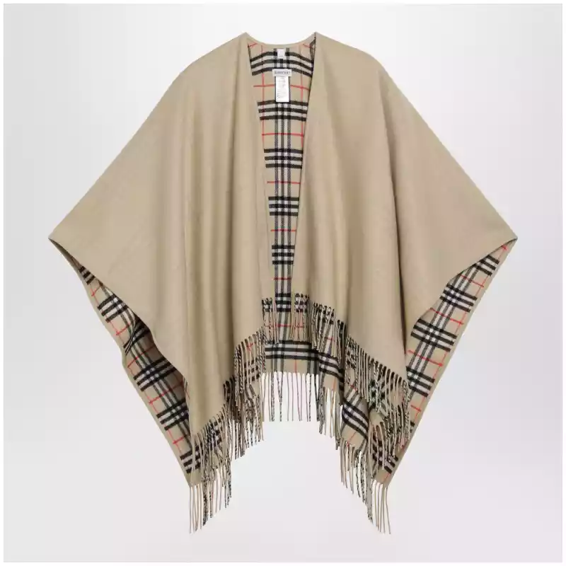 Burberry Reversible wool check cape with fringes in sand beige