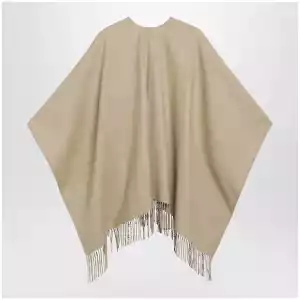 Burberry Reversible wool check cape with fringes in sand beige