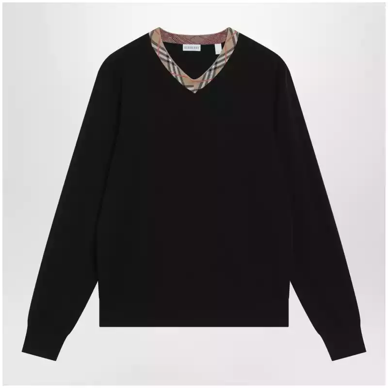 Burberry Black wool sweater with Check motif neckline