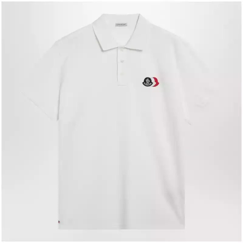 Moncler White cotton polo shirt with triple crest logo patch
