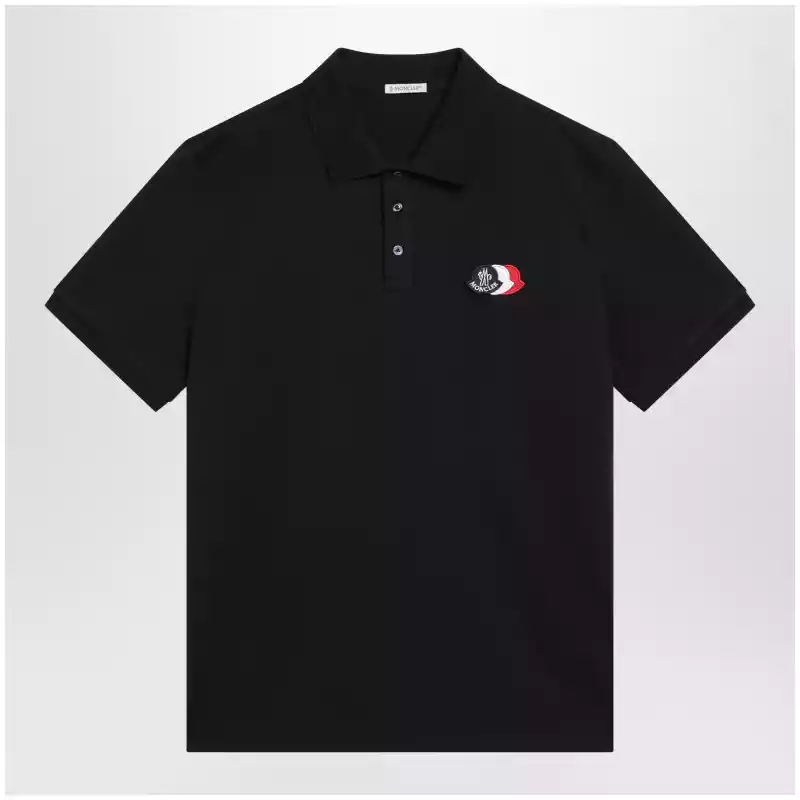Moncler Blue cotton polo shirt with triple crest logo patch