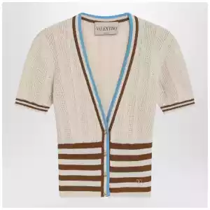 Valentino Openwork striped cotton cardigan