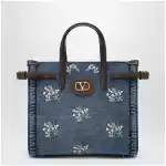 Valentino Garavani Antibes small embroidered denim shopping bag in blue