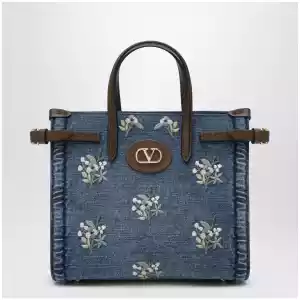 Valentino Garavani Antibes small embroidered denim shopping bag in blue